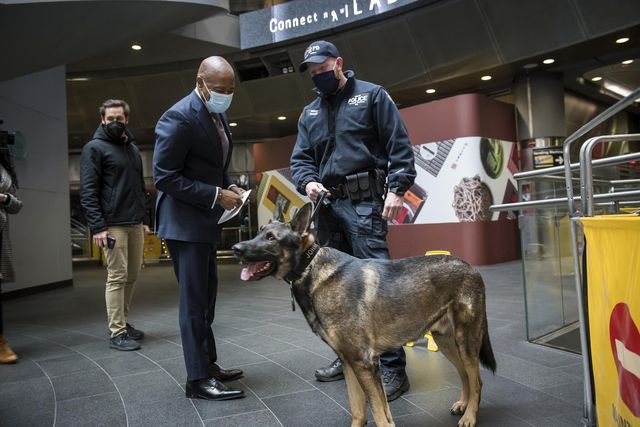 Mayor Eric Adams in a mask looks at a K9 dog in the Fulton Street station